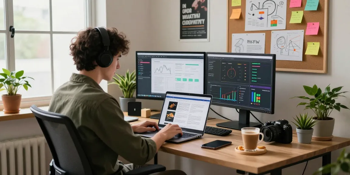 Engaging content creator working on NSFW article in modern, dynamic workspace with analytics.