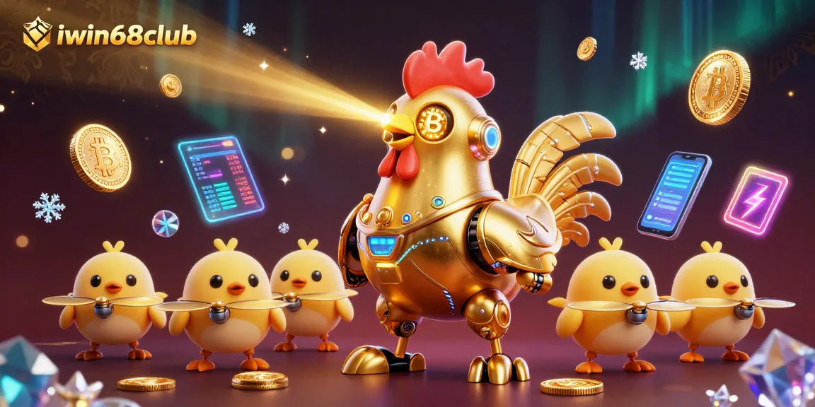 Experience thrilling action at iwin68club with vibrant golden rooster robot and glowing crypto elements.