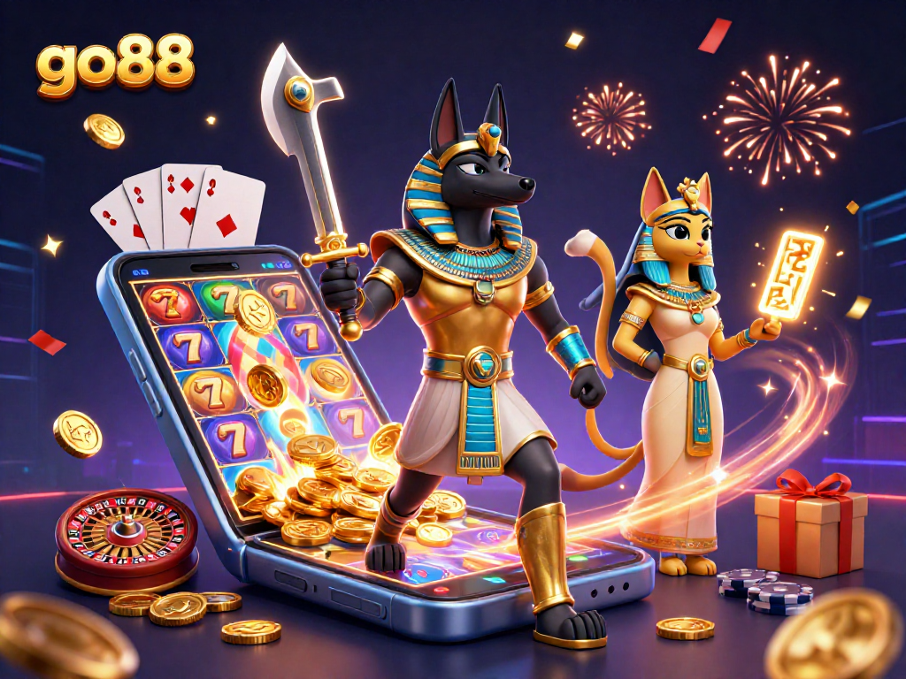 Experience go88's vibrant gaming scene with Anubis and Bastet among dynamic slot games and festive elements.