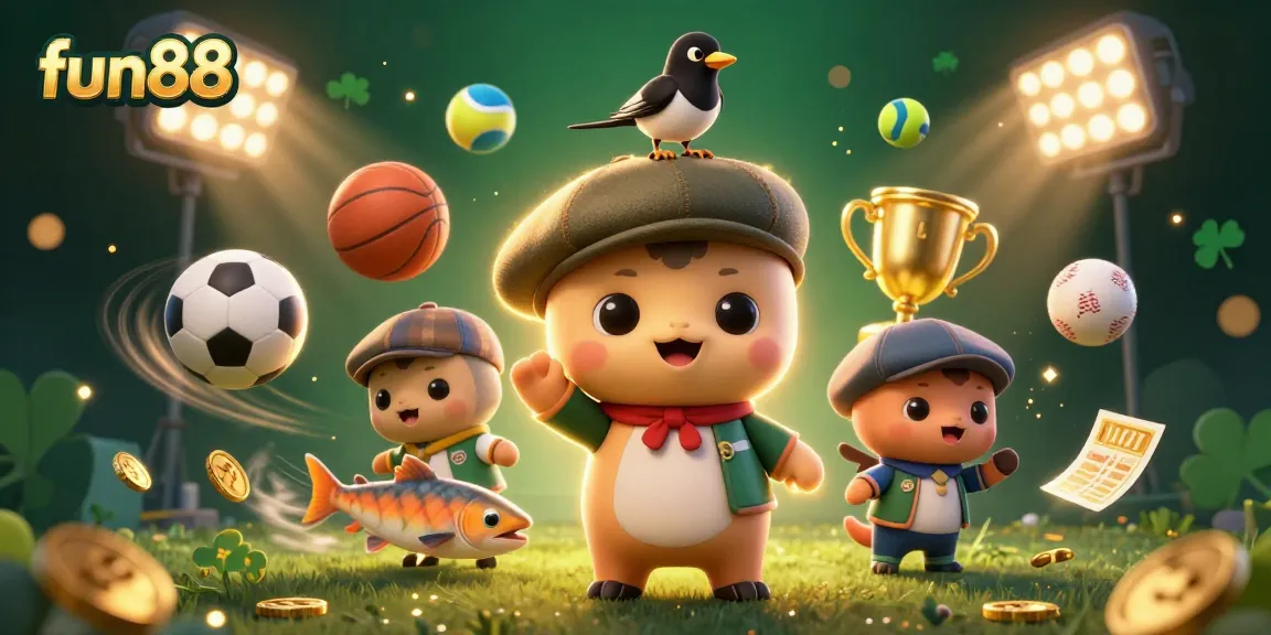 Engage with fun88 in this vibrant, dynamic 3D scene filled with sports elements and lucky symbols.