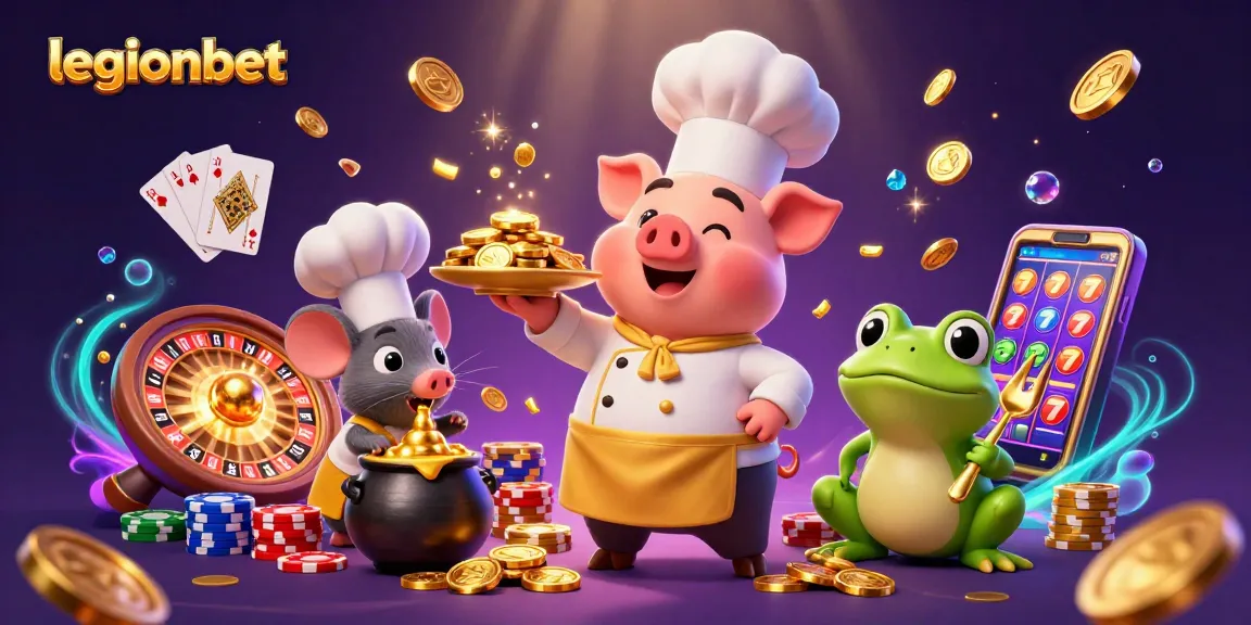 Experience the excitement of legionbet in this vibrant casino scene, featuring a chef pig and golden coins.