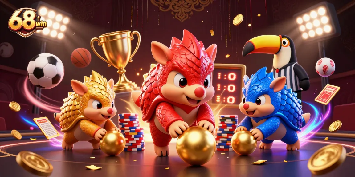 Betting for wins at 68win with vibrant pangolins and casino elements amid a festive atmosphere.