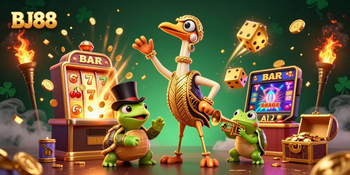 Engage in thrilling casino experiences at BJ88 with vibrant characters, slot machines, and golden treasures.