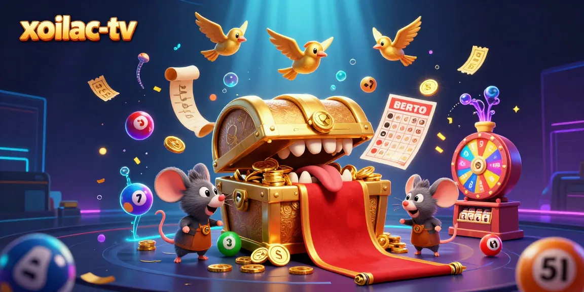 Engage in thrilling gambling with xoilac-tv, featuring a treasure chest and vibrant dynamic elements.