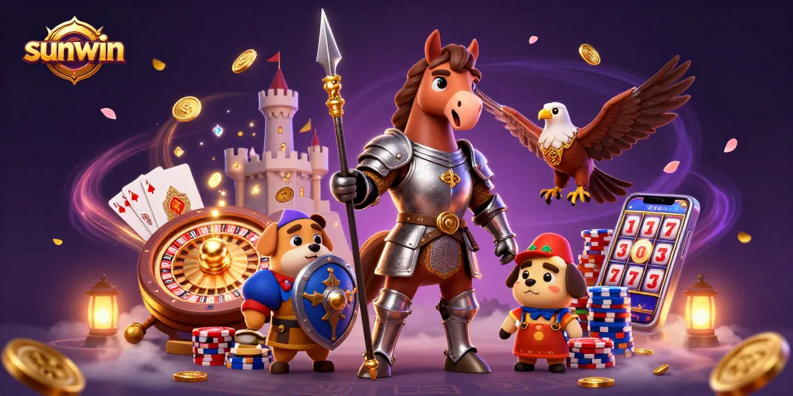 Experience the thrill of sunwin with a medieval knight and dynamic casino elements in a vibrant 3D illustration.