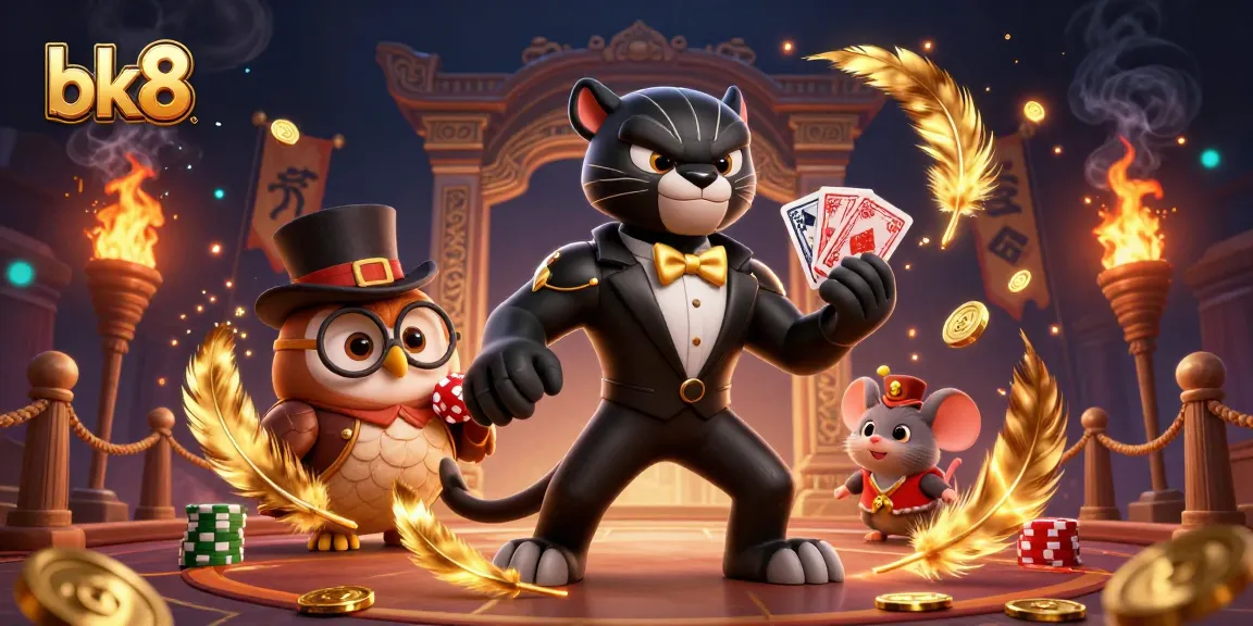 Deal cards expertly at bk8 casino with a stylish panther and an owl, creating a lively gaming scene.