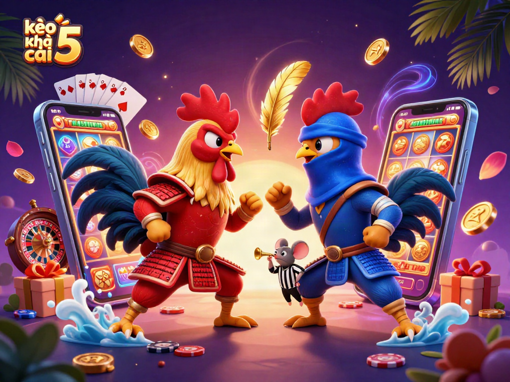 Engage with kèo nhà cái 5 in an epic showdown of roosters, vibrant casino elements surround them.