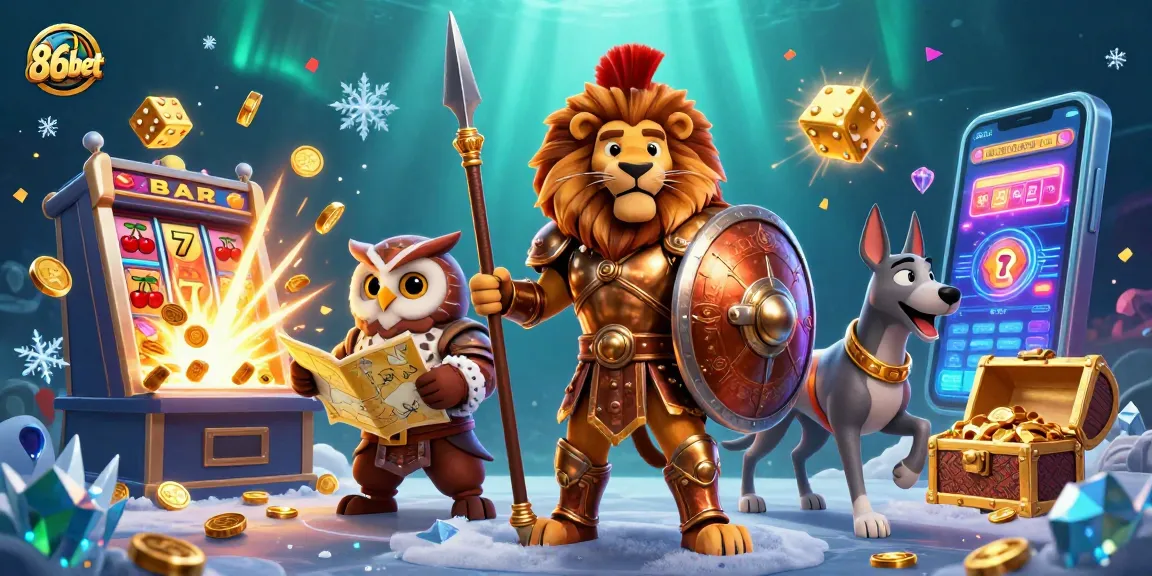 Engage in thrilling gaming action with 86bet, featuring an epic scene of characters and a jackpot explosion.