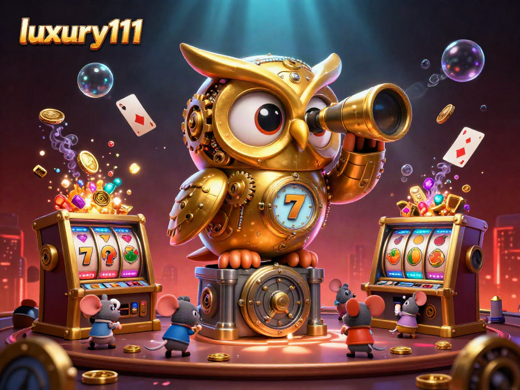 Experience luxury111 in a vibrant casino scene with a golden owl and slot machines.