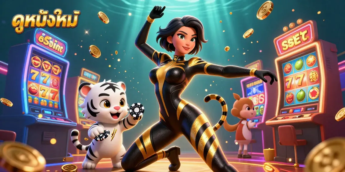 Engaging scene showcasing ดูหนังใหม่ with a stunning woman and a playful tiger amidst vibrant casino elements.