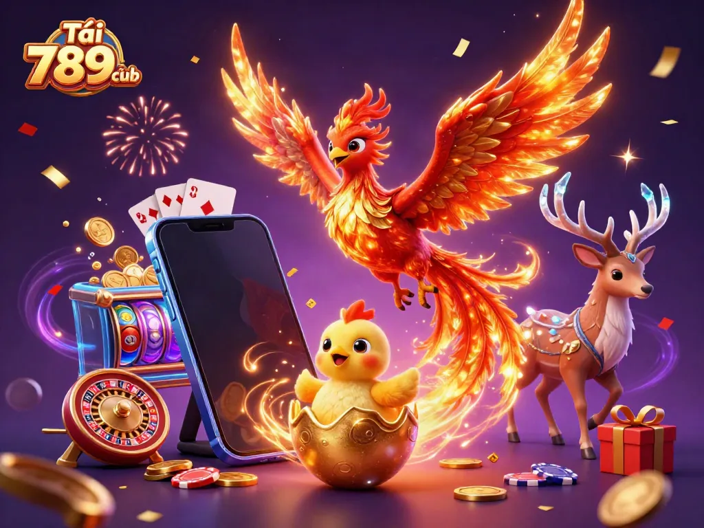 Tải 789club to experience dynamic gaming with a phoenix and mystical stag in vibrant casino scene.