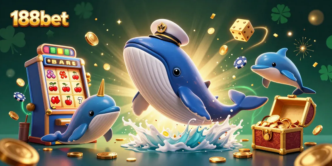 Join the fun at 188bet with a whimsical 3D casino scene featuring a whale, narwhal, and dolphins.