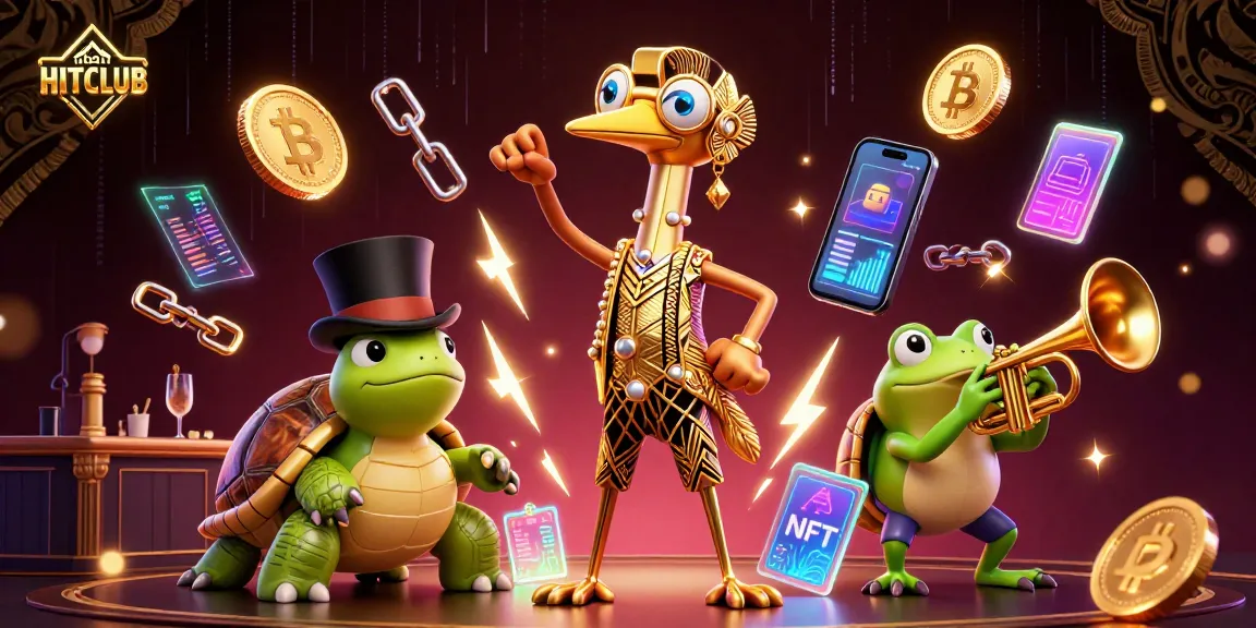 Engage in gameplay at HITCLUB with vibrant characters, crypto elements, and dynamic casino themes.