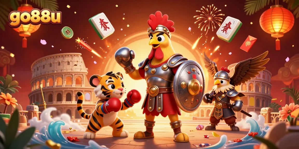 Experience thrilling action with go88u in this vibrant illustration featuring a gladiator rooster, tiger cub, and eagle.