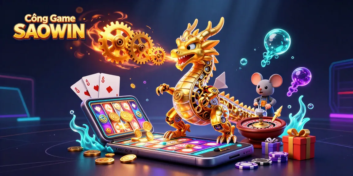 Experience the excitement at Cổng Game SAOWIN with a vibrant 3D dragon and dynamic gaming elements.