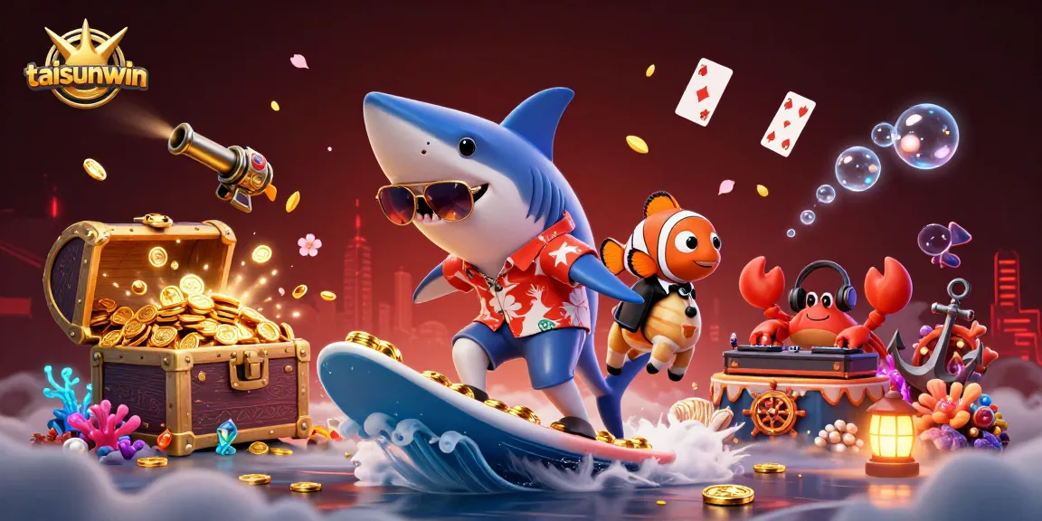 Experience the thrill of gaming with taisunwin as a shark character surfs in gold coins.