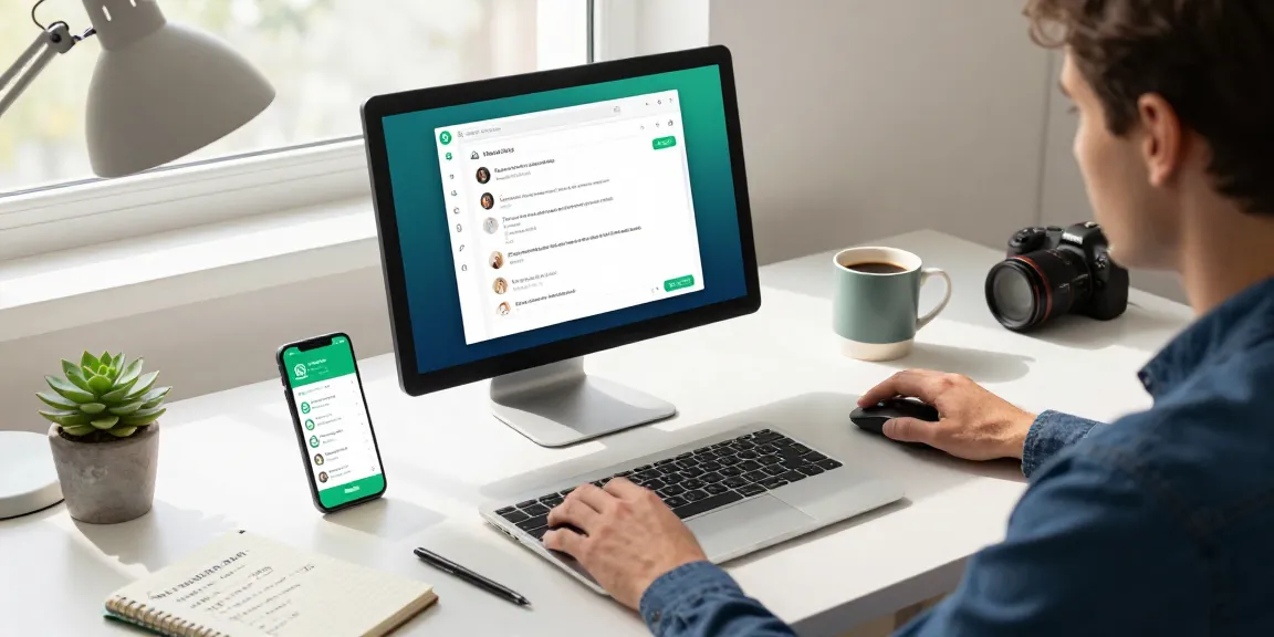 Engaged user utilizing WhatsApp電腦版 in a modern workspace with vibrant chat notifications and a cozy atmosphere.