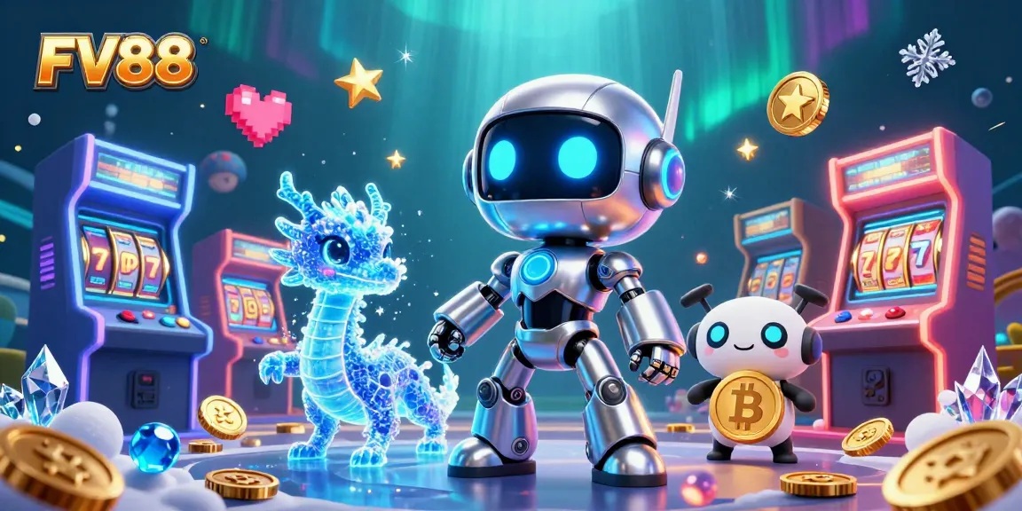Experience thrilling wins at FV88 with a dynamic casino scene featuring futuristic characters and vibrant gaming elements.