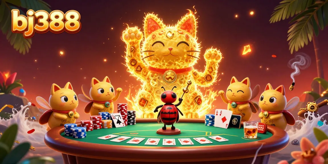 Bj388 showcases a vibrant 3D scene of a giant lucky cat formed by fireflies amid dynamic casino elements.
