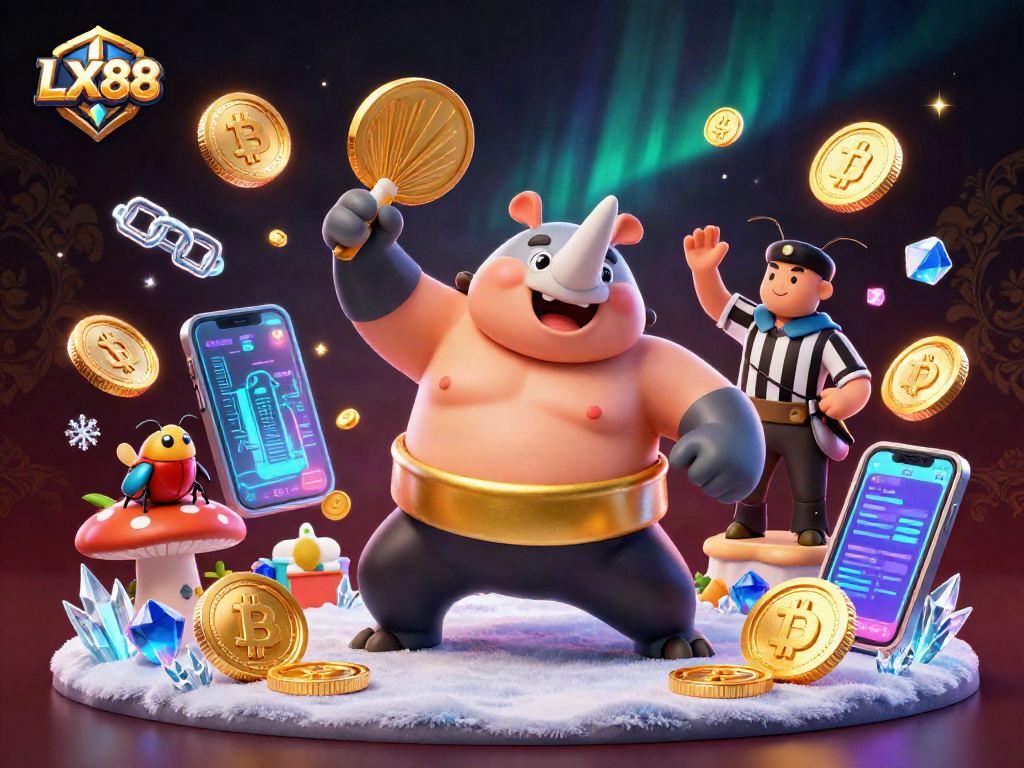 LX88 showcases a sumo beetle champion surrounded by casino elements, enticing players in virtual gaming.