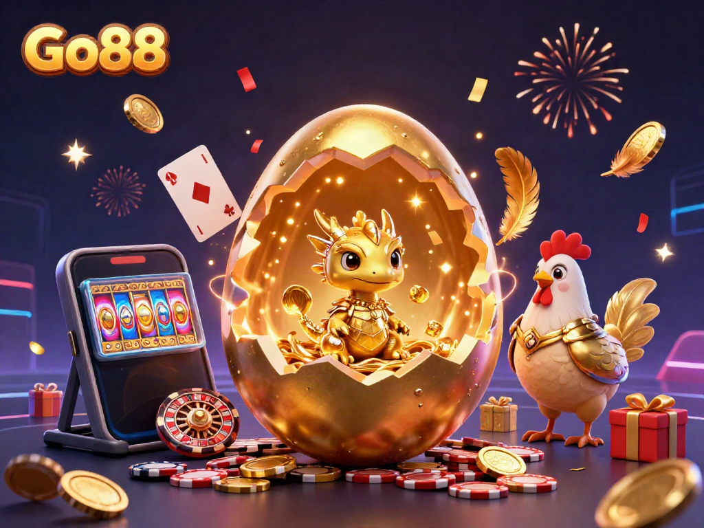 Experience thrilling wins with Go88, showcasing a golden dragon and interactive casino elements in a stunning 3D illustration.