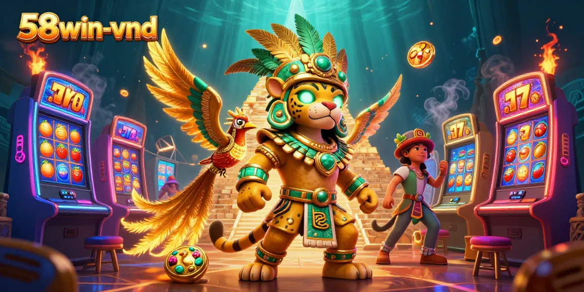 Spin the reels of excitement at 58win-vnd with a majestic Mayan jaguar priest and vibrant casino elements.
