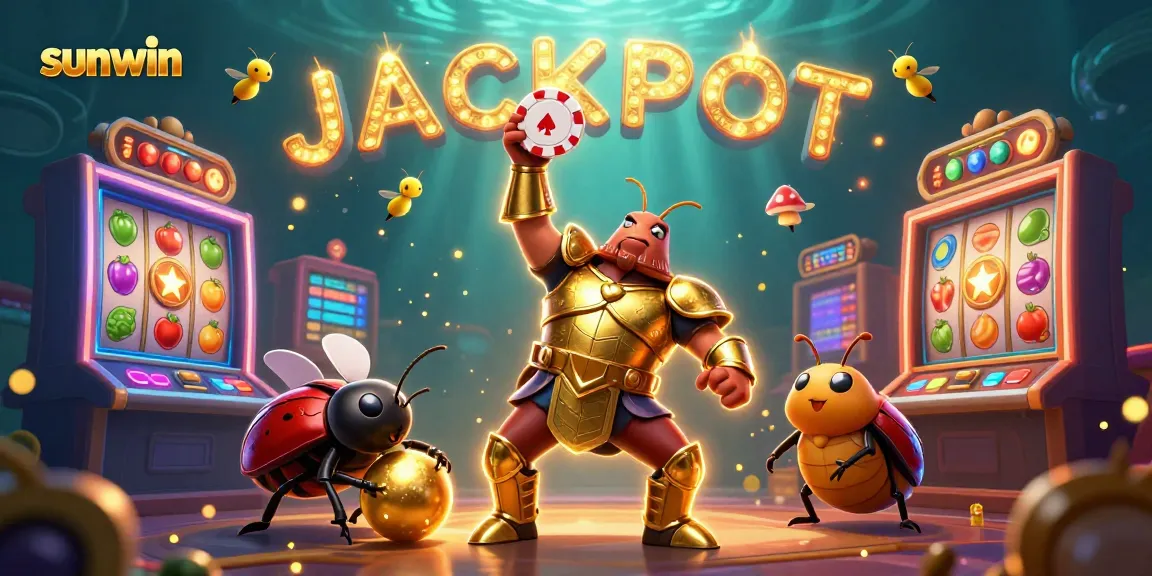 Experience victory with sunwin as the armored beetle lifts a poker chip amidst jackpot symbols.
