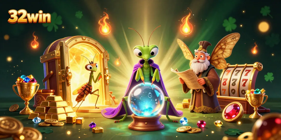 32win engages players with a mystical scene featuring fortune tellers and slot reels surrounded by treasures.