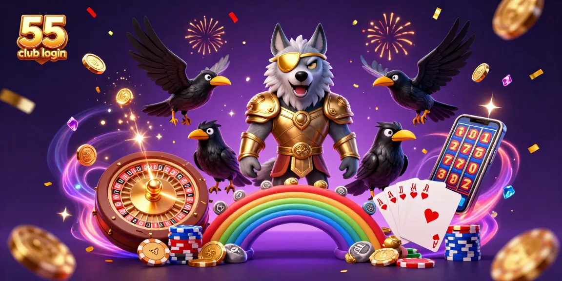 Experience the thrill of 55 club login with Odin the wolf and casino glory in a vibrant illustration.
