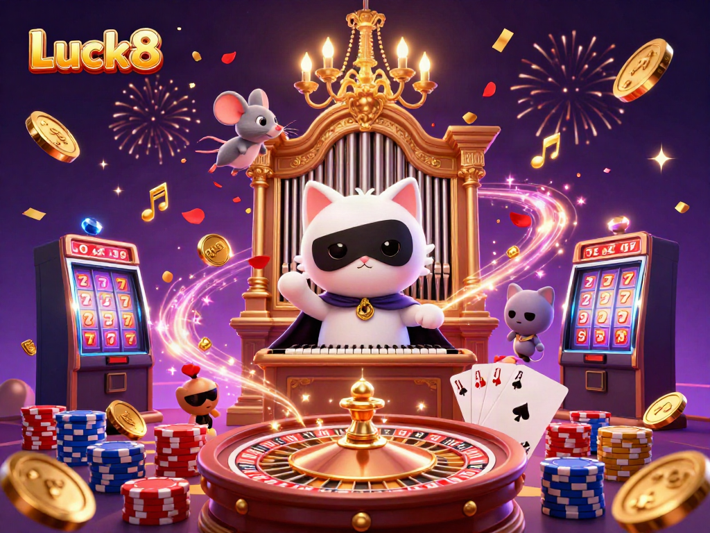 Celebrate your wins with Luck8 at a vibrant casino scene featuring a masked cat and festive visuals.