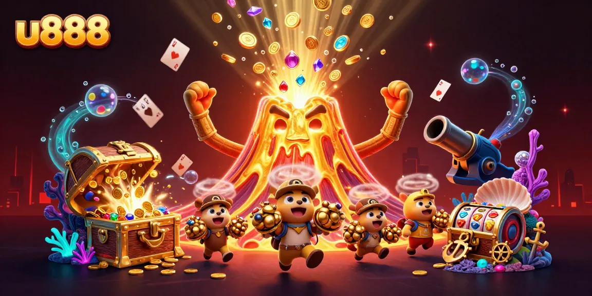 Spin to win with u888 as the golden volcano erupts coins and gems in a vibrant casino scene.