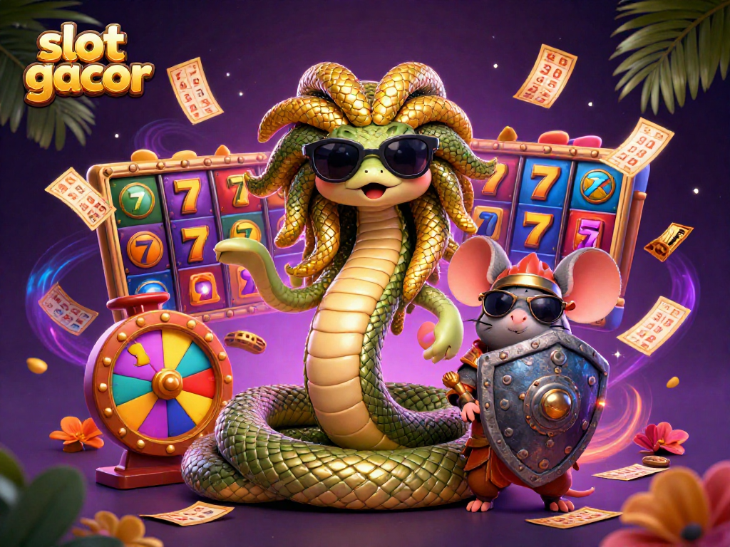 Experience the thrill of slot gacor with a lively 3D Medusa and warrior mouse, surrounded by vibrant gaming symbols.