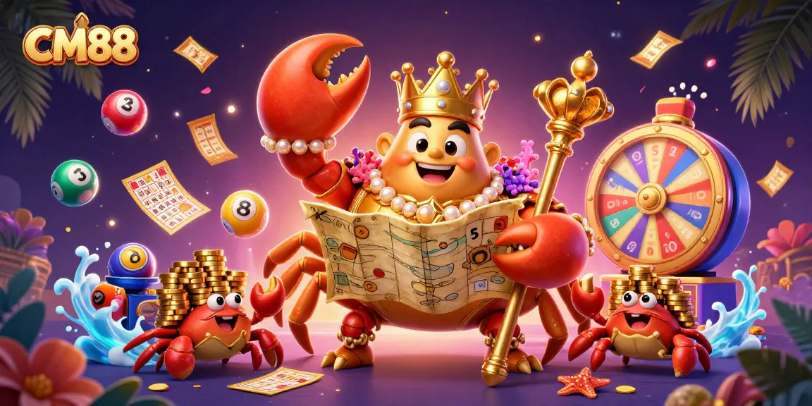 Engage with CM88's exhilarating gaming experience featuring a regal crab emperor surrounded by vibrant lottery elements.