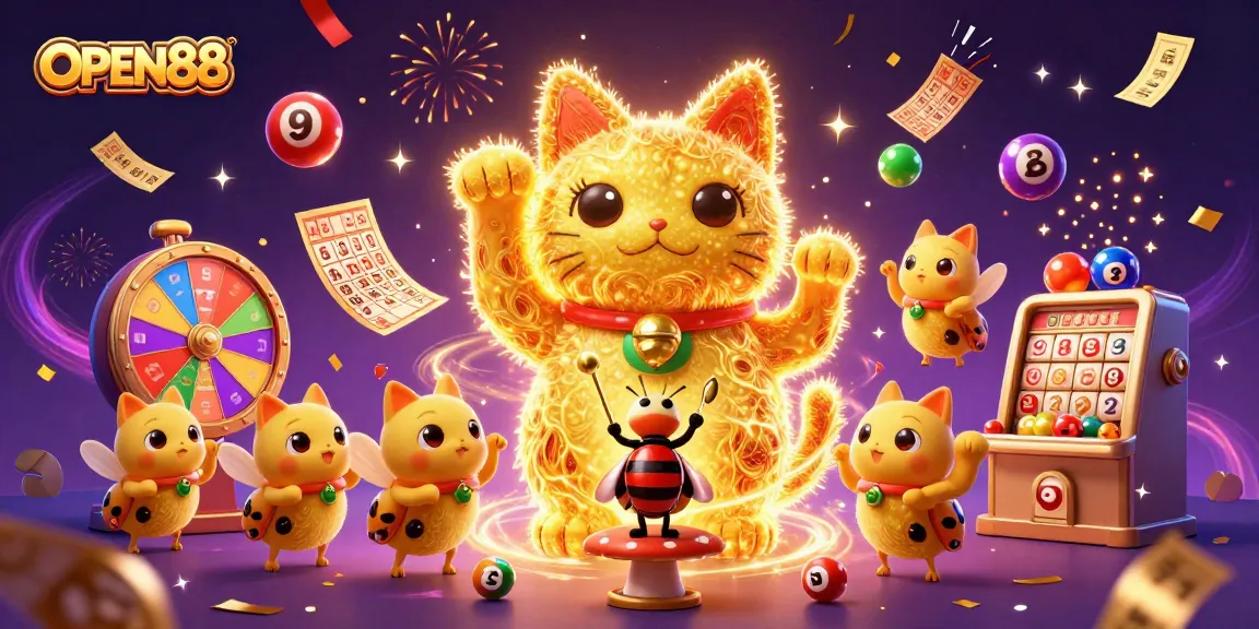 Experience the vibrant world of OPEN88 with a lucky cat made of fireflies and dynamic casino elements.