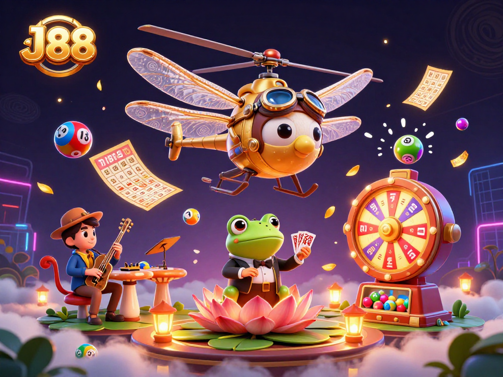 Experience thrilling gaming at J88 with vibrant 3D scenes of a helicopter pilot and a frog dealer.