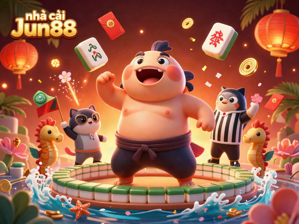 Engage with nhà cái Jun88 in a vibrant 3D casino scene featuring a fugu and catfish.