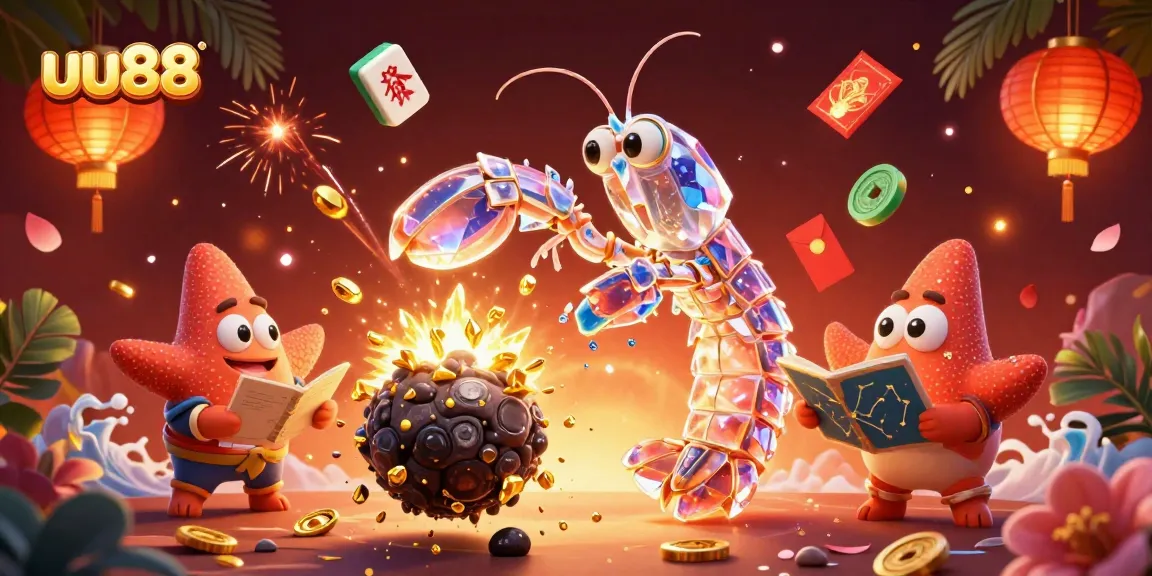 uu88 celebrates winning moments with a dynamic scene of the galactic mantis shrimp and starfish amidst casino elements and treasures.