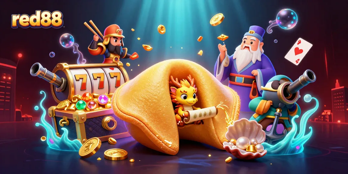 Engage with the excitement at red88 as a wise dragon reads fortunes from a golden cookie amidst vibrant casino elements.