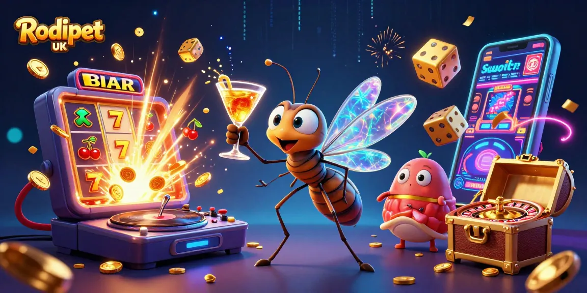 Experience the thrill of Rodipet UK with a dynamic casino scene featuring playful characters and gaming elements.