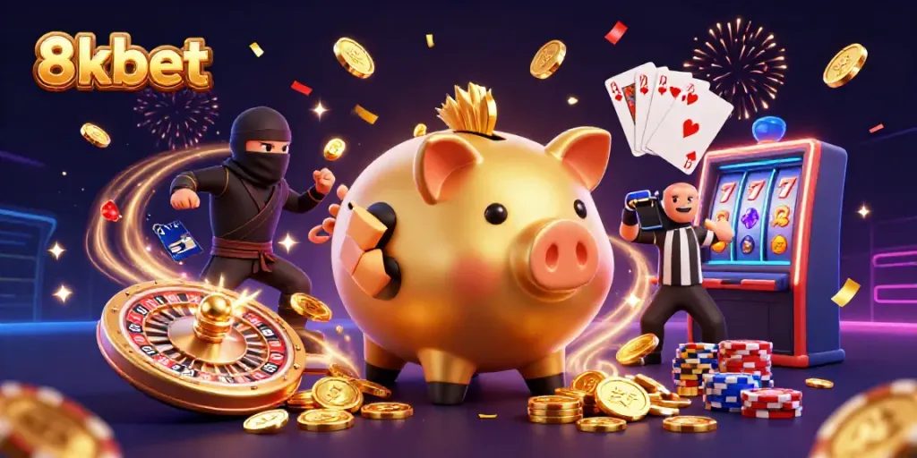 Engage with 8xbet in this vibrant 3D casino scene showcasing a golden piggy bank sumo wrestler, dynamic game elements, and celebratory effects.