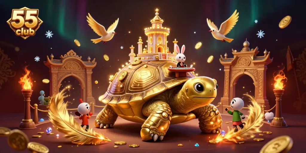 Join the action at 55 club with this imaginative casino scene featuring a golden tortoise and rabbit dealer.
