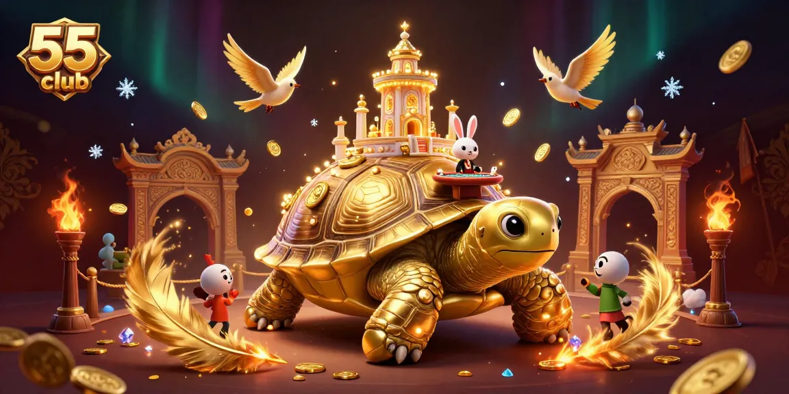 Join the action at 55 club with this imaginative casino scene featuring a golden tortoise and rabbit dealer.