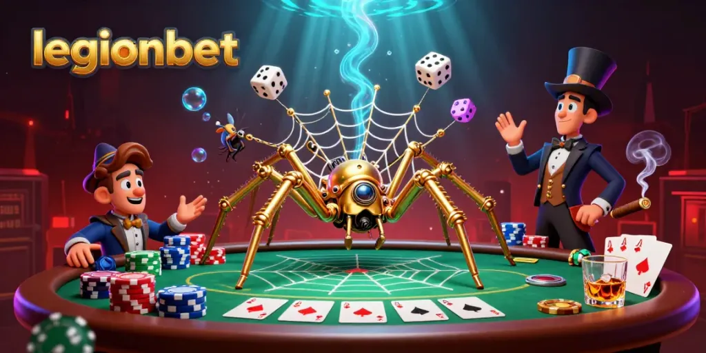 legionbet players engaging with a steampunk spider's web of poker rewards and dynamic casino elements.