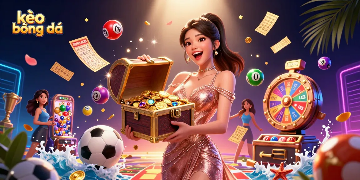 Engage with kèo bóng đá in a vibrant 3D scene featuring overflowing treasure, sports betting elements, and dynamic light effects.