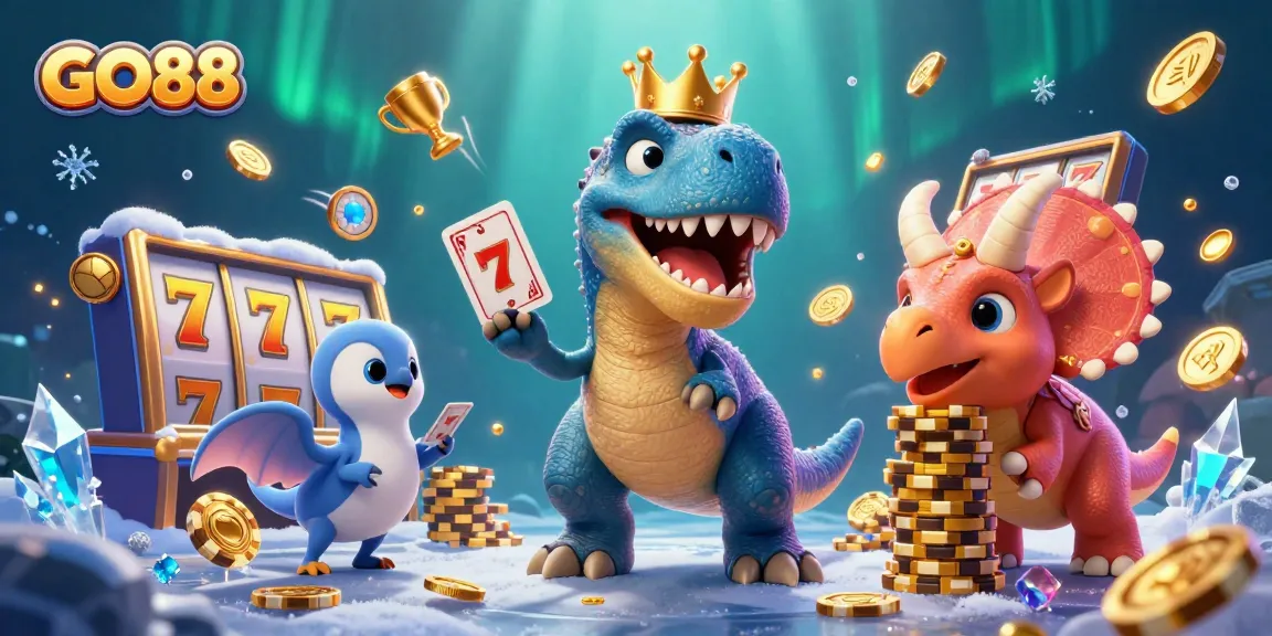Engaging GO88 slots illustration showcasing a T-Rex shuffling cards and friends stacking chips.