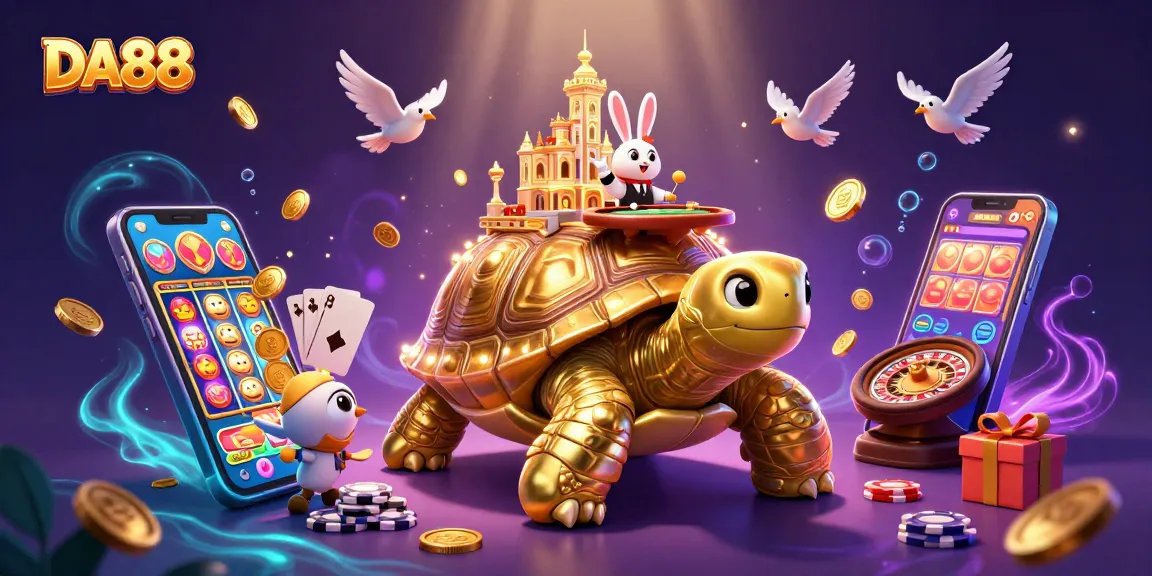 Experience the vibrant DA88 casino scene with a golden tortoise, rabbit dealer, and dynamic game elements.
