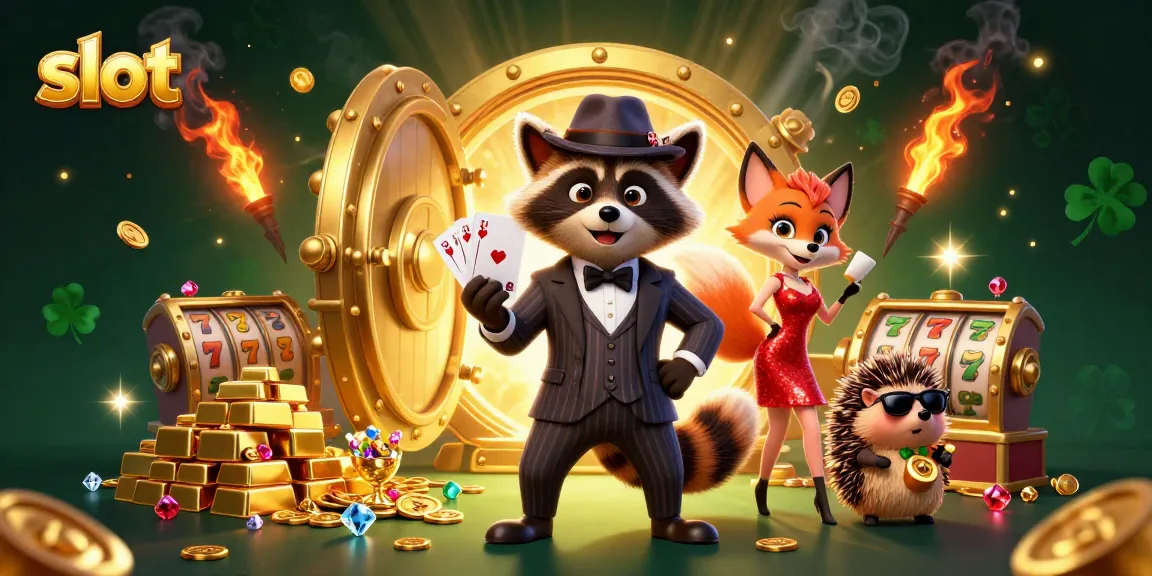 Win big at slot games with a suave raccoon, stylish fox, and bouncer in a dazzling casino scene.
