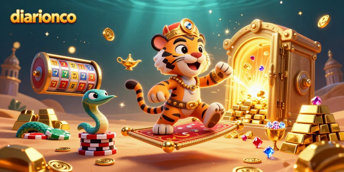Dive into diarionco's thrilling gaming world with slot reels, gold treasures, and a magical scene.
