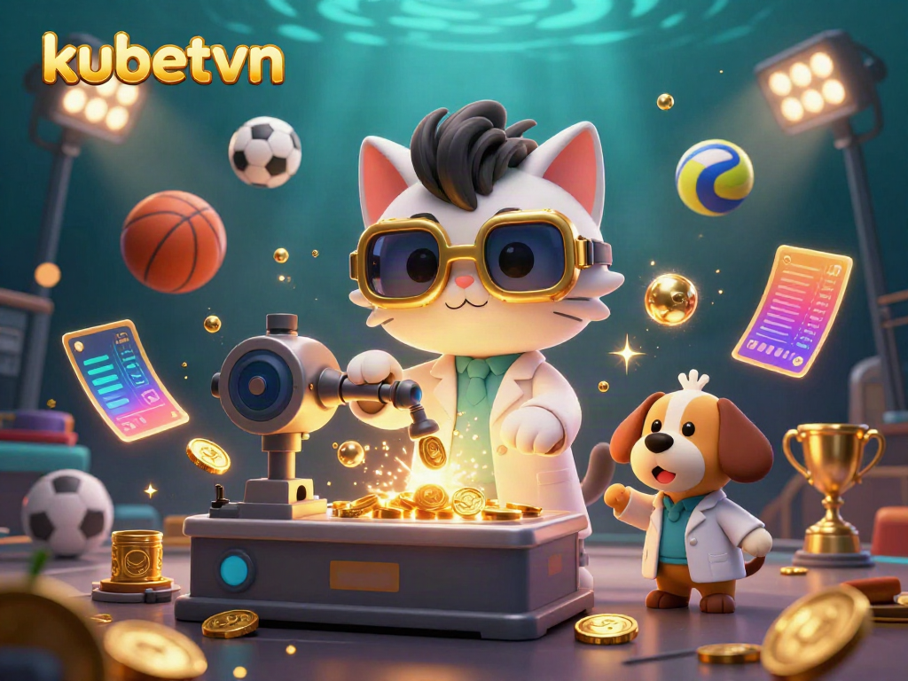 Engage in thrilling sports at kubetvn with dynamic casino elements like sports balls and trophies.