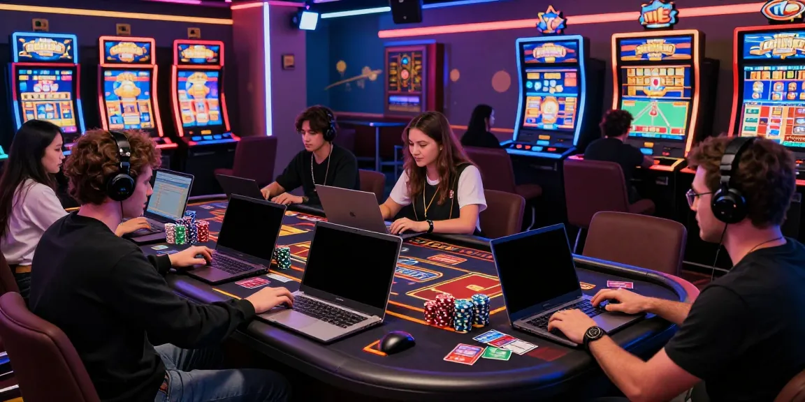 Players enjoying credit card casinos with laptops and vibrant game displays in a modern virtual setting.